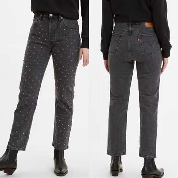 NWT Levis Jeans 501 Crop Crystal Jeans Size 27 Rhinestone High Rise Straight Leg - Picture 1 of 10